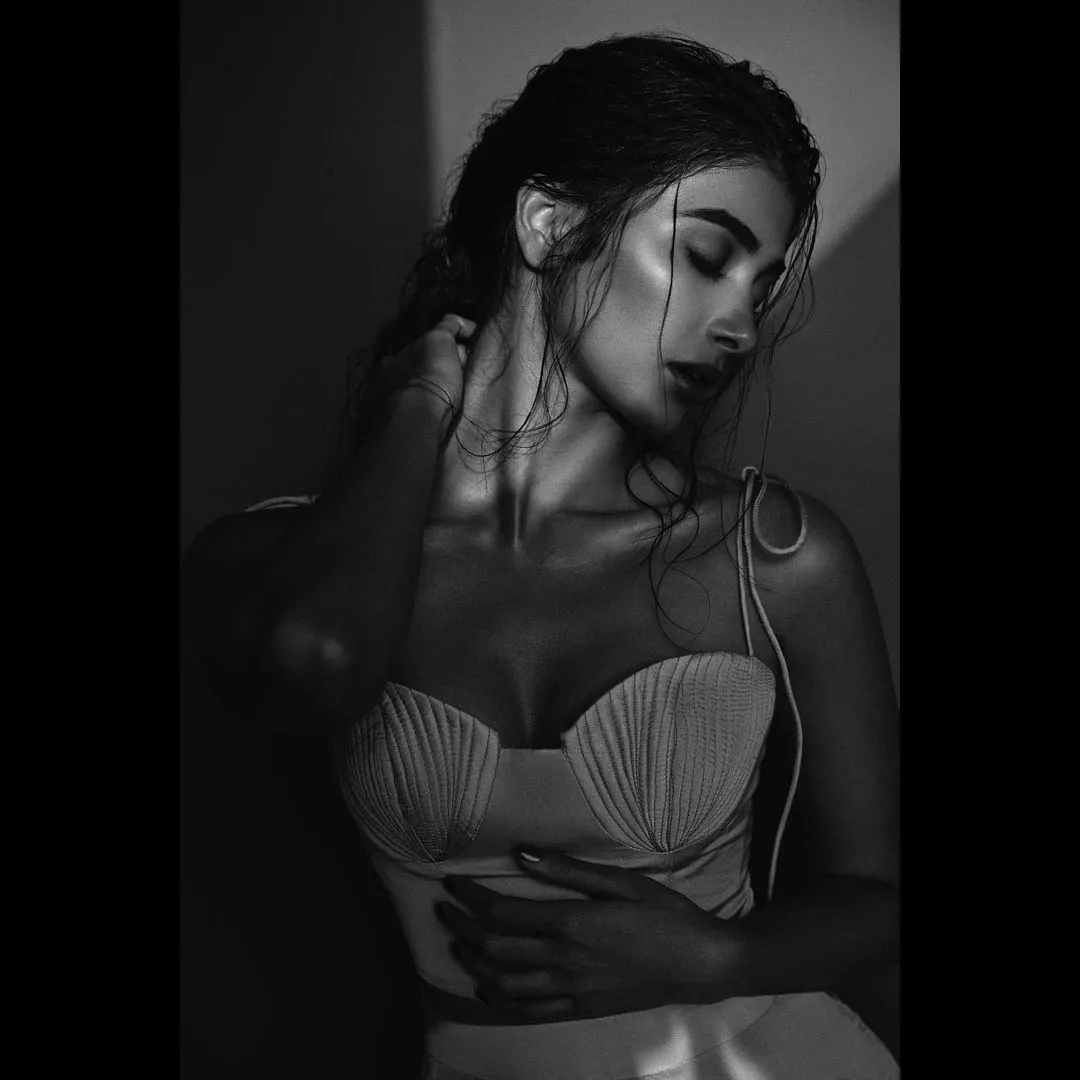 New Black And White Photoshoot Image Of Pooja Hegde - Photographed By Rahul Jhangiani, Fashion Stylist, By Tanya Ghavri, Makeup By Kajol Mulani, and Hairstyle By Suhas Shinde. Source @hegdepooja Instagram