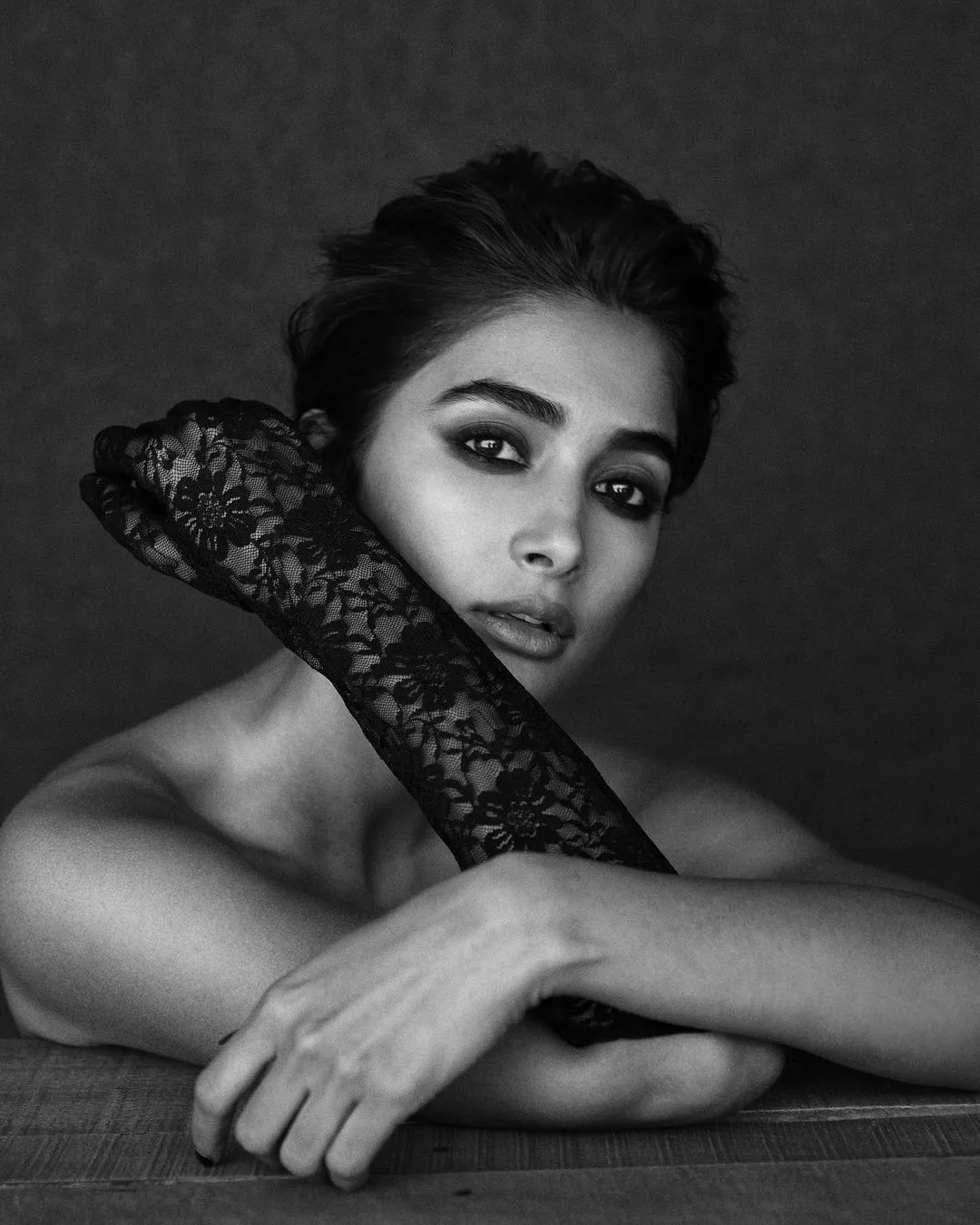 Photos of actress Pooja Hegde in black and white - by photographer Rahul Jhangiani, fashion stylist Tanya Ghavri, makeup artist Kajol Mulani, and hair stylist Suhas Shinde. Originally posted on Instagram by @hegdepooja, APRIL 4, 2021